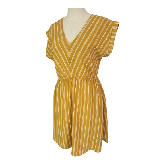 Monteau Mustard & White Striped Mini Dress | Flutter Sleeve V-Neck Size M - Picture 2 of 8